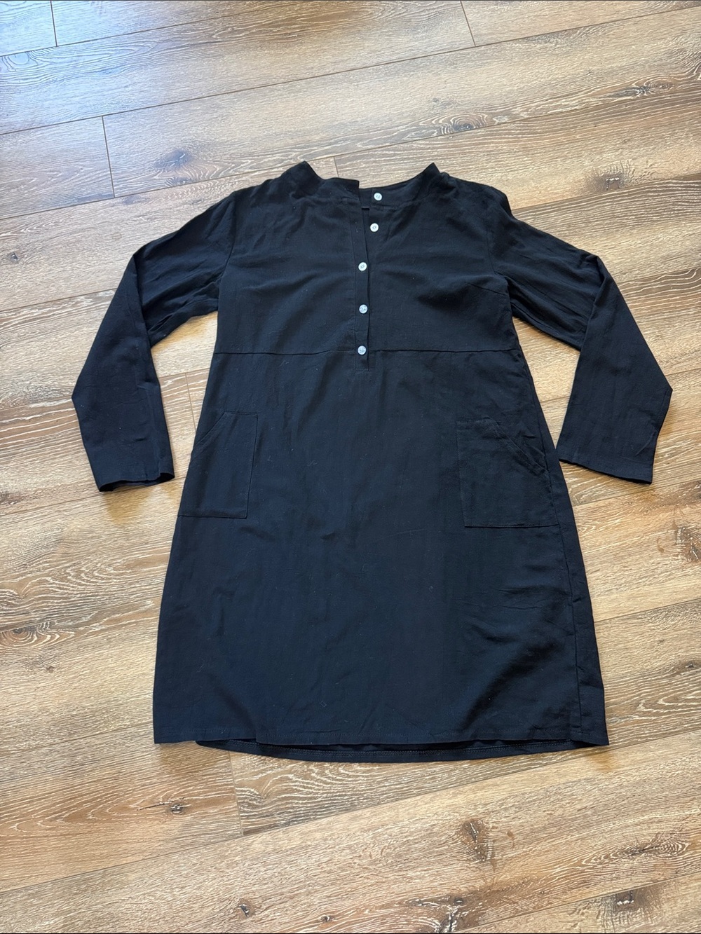 Black Long Sleeve Tunic Dress with Front Buttons